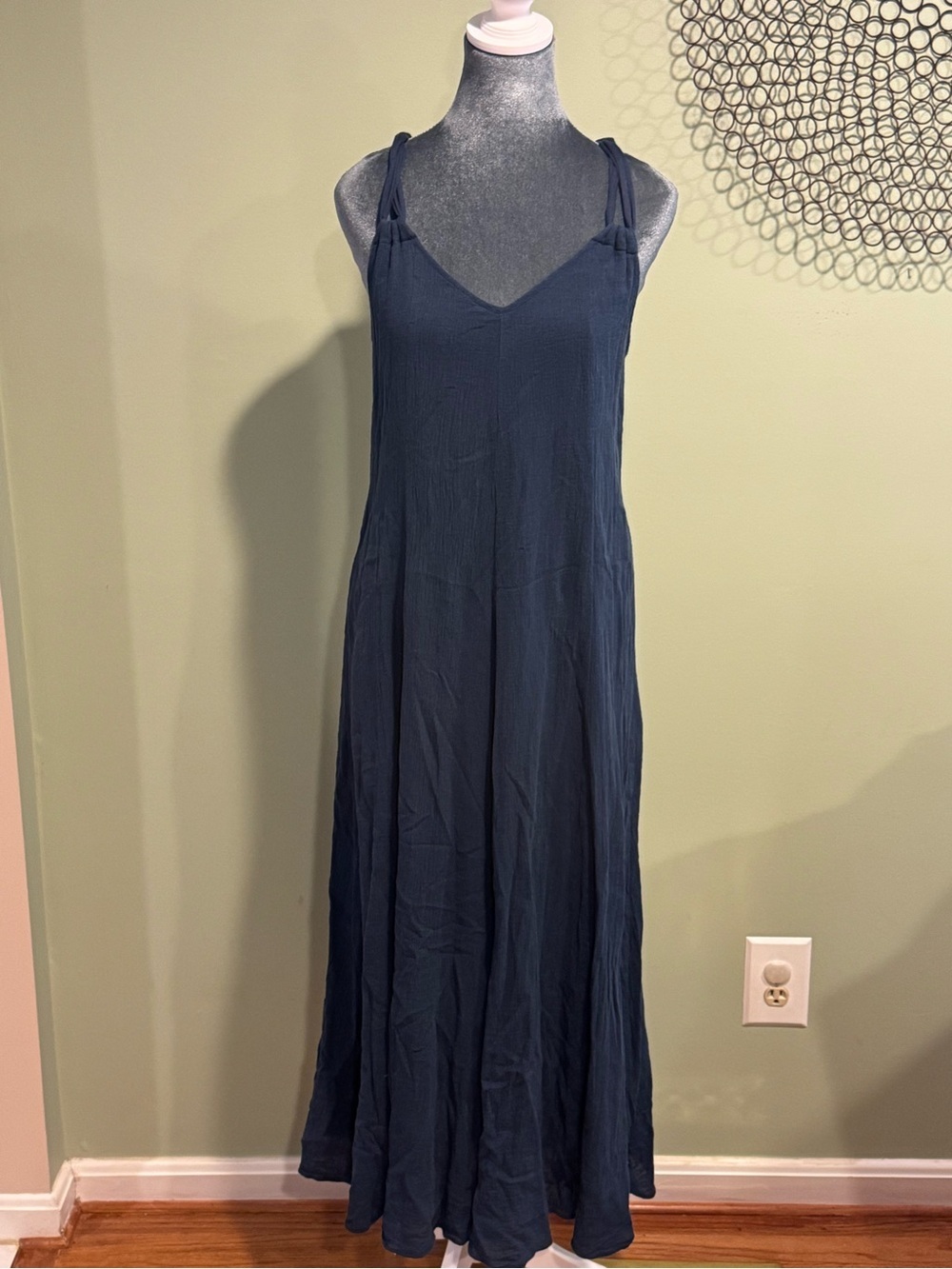 Garnet Hill Navy Cotton Gauze Maxi Dress Braided Straps V-Neck Lined Petite PL